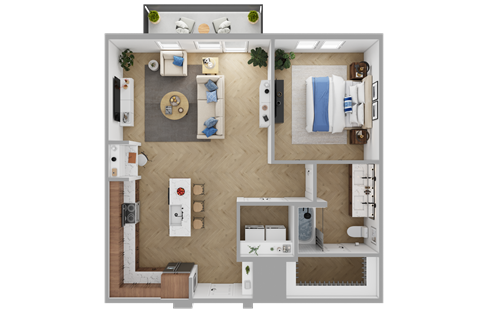 Floor plan for 1 bed, 1 bath, 870 sqft